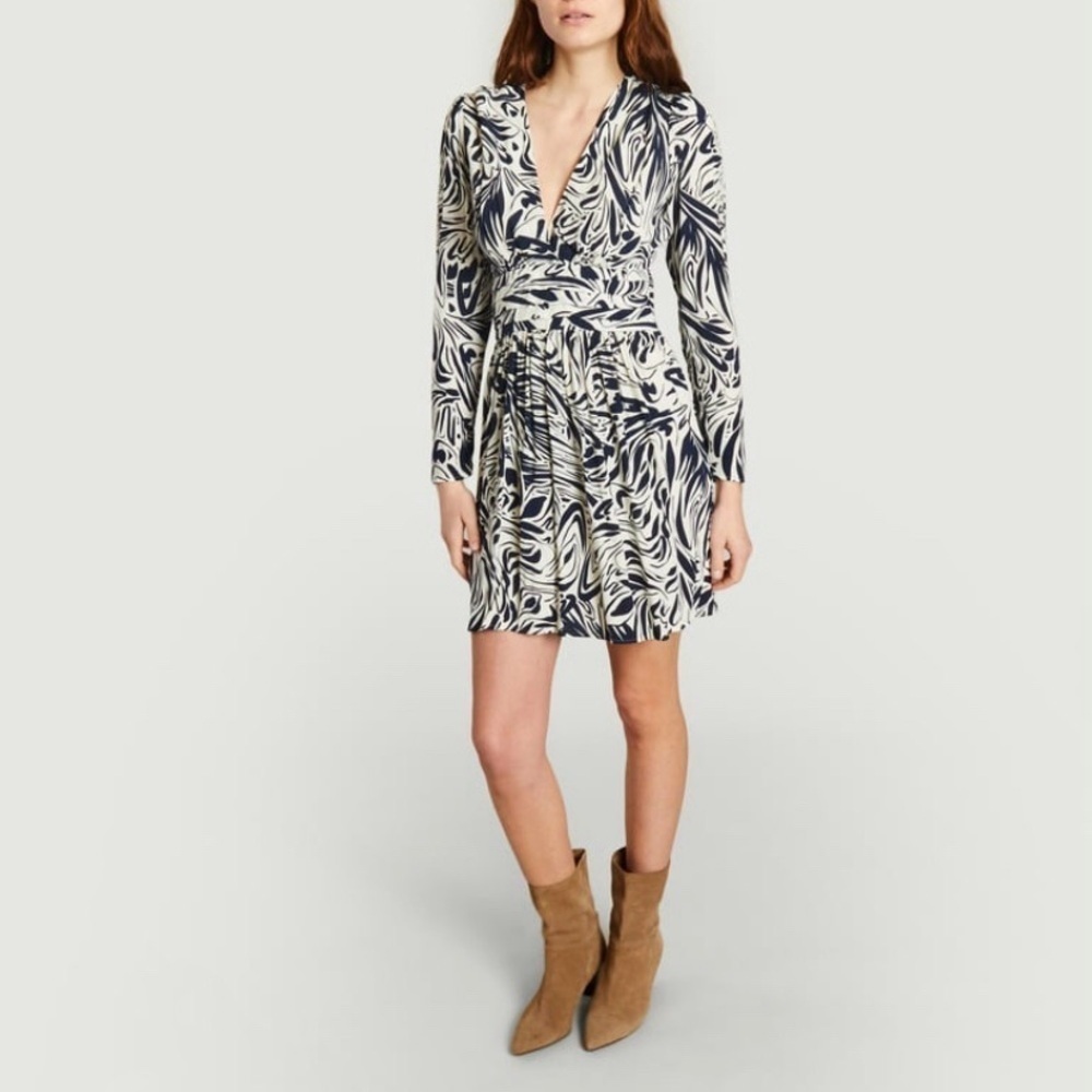 Ba&sh Calla Dress 6 Medium Off White Navy Printed Long Sleeve Pleated Waist
